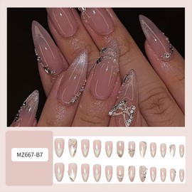 3D Butterfly Nails Press on Glitter Rhinestones Fake Nails with Glue Ballerina Long Almond Acrylic False Nail Glossy Artificial Stick on Nail for Women Reusable Manicure