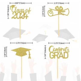 2024 Graduation Theme Cupcake Toppers Glitter Class of 2024 Graduation Cap Diploma Cupcake Picks - Set of 24 (Gold)