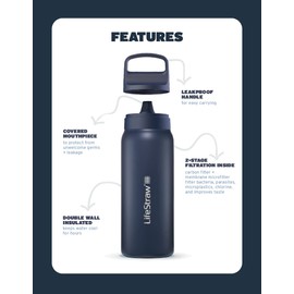 LifeStraw Go Series — Insulated Stainless Steel Water Filter Bottle for Travel and Everyday Use Removes Bacteria, Parasites and Microplastics, Improves Taste, 1L Nordic Noir