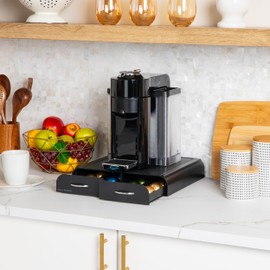 Mind Reader Single Serve Coffee Pod Organizer with 2 Drawers, Compatible with 18 Vertuoline (7.77 fl oz) or 72 Original Nespresso (1.35 fl oz) capsules, Plastic, 13.25"L x 12.75"W x 2.5"H, Black