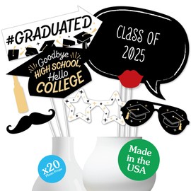 Big Dot of Happiness Hello College 2025 Graduation Photo Booth Props Kit, Graduation Party Supplies, Class of 2025 Grad Party Decorations, 20 Count
