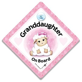 Granddaughter On Board Car Sign, Baby Lamb Baby on Board Sign, Little Lamb On Board Car Window Sign Designed to Let Other Road Users Baby is in The Car, 14 cm x 14cm x 2cm