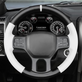 MEWANT DIY Stitched White Leather Steering Wheel Cover Wrap for Dodge RAM 1500 2012-2018/1500 Classic 2019-2023/2500 2012-2018/3500 2012-2018/5500 2012-2018