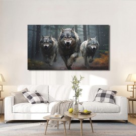 YONICA wolf Canvas Wall Art - Wolves Running In The Forest Gazing At Far Away, High Definition Giclee Artwork Ready to Hang Suitable for Living Room Bedroom 40'' L x 20'' W(100x50cm)