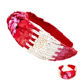 Miracle Collection Valentine's Day Cross Knotted Bead Headband Jeweled Beaded Heart XOXO Be Mine Hand Beaded Custom Headband for Valentine's Gift Women and Girls (Sequins-RD)