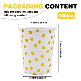 MEGYAD Pack of 100 Paper Cups Paper Drinking Cups: 300 ml Paper Cups with Golden Dot for Coffee Juice Hot Cold Drinks DIY Party Cups for Home Birthday Wedding Christmas Party Picnic
