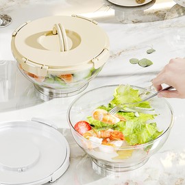 MANO 2pack Large Iced Salad Bowl with Lid and Utensils to Go Ice Chilled Food Serving Containers with Handles for Fruit Veggie Storage for Fridge Refrigerator Party Camping, Picnic, Beige