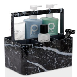 BYUNER Plastic Shower Caddy Dorm: Portable Bathroom Caddy Organizer for College with Handle and Adjustable Divider, Utility Hard Shower Basket Bath Tote for Toiletry, Shampoo, Soap (Black Marble)