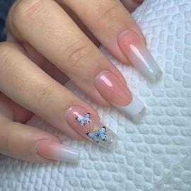 Press on Nails Square Medium Length Artificial Acrylic Fake Nails with Blue Butterfly Design, Full Cover Reusable Coffin Gradirnt Pink False Nails, DIY Stick on Nails for Women, Glue on Nails for Set