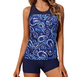 Yonique Tankini Trajes de baño para mujer con pantalones cortos, trajes de baño atléticos de dos piezas con espalda cruzada, Paisley azul oscuro., X-Small