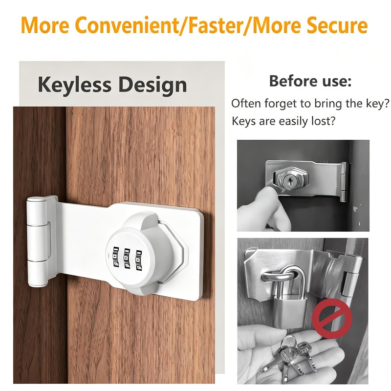90 Degree Door Password Hasp Latch Lock- White Keyless Sliding