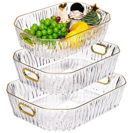 Acshio 3 Pack Clear Serving Tray, Deep Serving Platter with Cutout Handles, Spill Proof Decorative Coffee Table Perfume Tray with Gold Rim, Great for Bathroom, Dining Table, Vanity Cabinet
