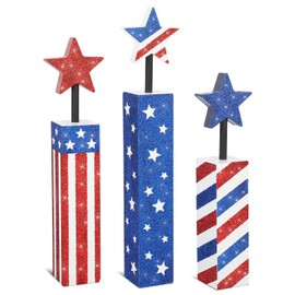 COCHIE 4th of July Decorations Set, Red White Blue Decor, Wooden Patriotic Memorial Day Tiered Tray Decor, Labor Day Decorations, Fourth of July Decoration for Home Office Table (Flag Shinny)