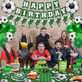 233 Pack Soccer Party Supplies Soccer Party Decorations Boys Sports Theme Birthday Decor Soccer Theme Tableware Set - Soccer Plates, Balloons, Banners, Ball Theme Tablecloth, Cups, Napkins Serves 20