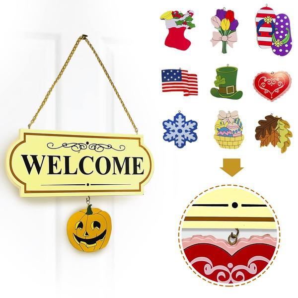 10 Pieces Set Interchangable Multi Holiday Welcome Sign Decoration Wall Hanging Door Festive Plaque Whimsical Decor - 11 1/2" L x 4 1/4" H, Each Design Approx. 4 1/2" L x 4" H.by CTD Store