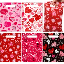 Pickmesh 150 Pcs Valentines Day Plastic Bags Bulk Valentine Candy Cellophane Bags with Handle for Valentine Gift Exchange Goodie Treat Bags for Sweet Valentine Birthday Party Favor Supplies, 5 Design