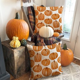 RABUSOFA Fall Outdoor Pillow Covers 18x18 Inch Set of 2 Waterproof,Orange Lines Pumpkin Decor Autumn Throw Cushion Cases Thanksgiving Decoration for Home Couch (Orange, 18"X18")