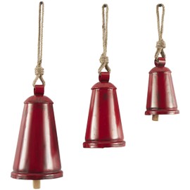 Deco 79 Metal Tibetan Inspired Decorative Cow Bells with Jute Hanging Rope, Set of 3 12",9",6"H, Red