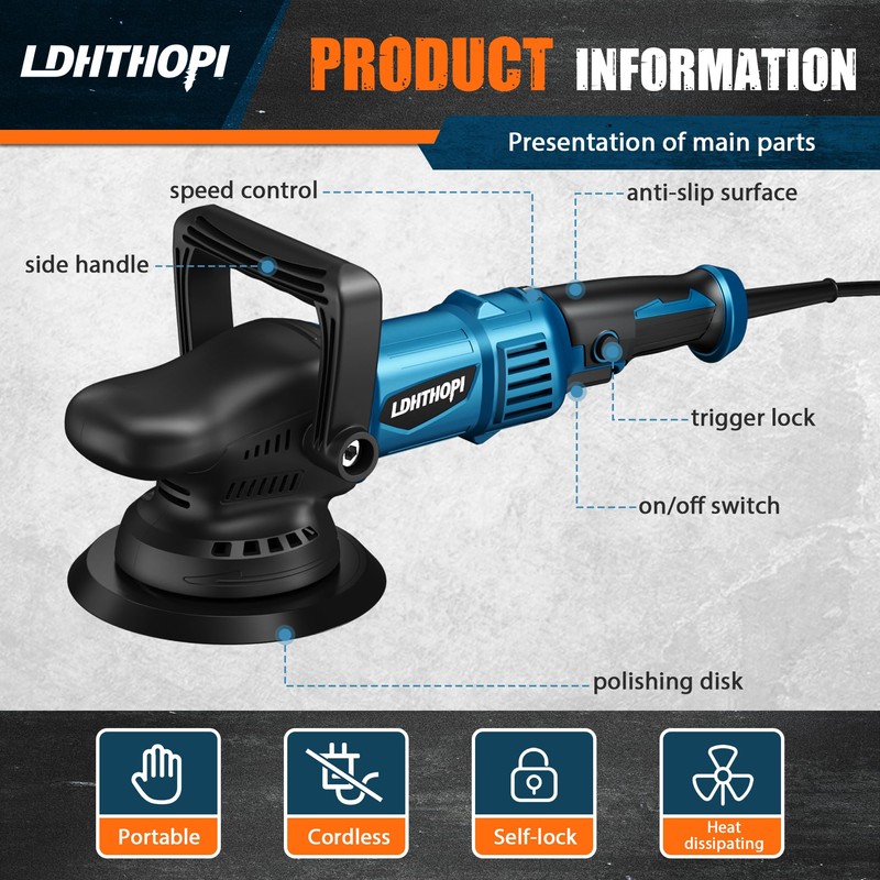 LDHTHOPI Dual Action Polisher, 980W 5/6 Inch, 9MM Random Orbital