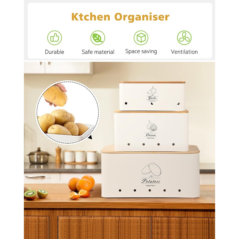 Clewcks Kitchen Vegetable Storage Tins Set of 3 for Potatoes,