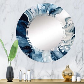 DesignQ Abstract wall mirror, Oval Modern mirror, Round Blue bathroom mirror, Abstract vanity mirror Ethereal Elixir Blue Grey Abstraction IX printed mirror decor, round mirror 32 inch