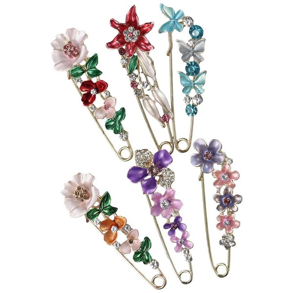 Uniquer 6Pcs Crystal Flower Safety Pins Brooch Clip Clasp Pin