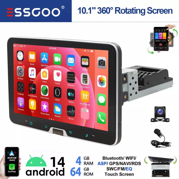 ESSGOO 10.1" 360° Rotatable Screen Android 14 Car Stereo 1DIN