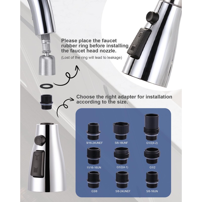Metal Kitchen Faucet Head Replacement: 3-Function Pull Down Spray Nozzle