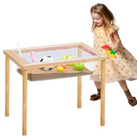 Uiifan Sensory Table Wood Sand Table Water Table Interactive Kids Activity Table Art Table Gift for Kids Toddlers Classroom Preschool Play Daycare Learn Water Sand, 23.9 x 15.9 x 20 Inch