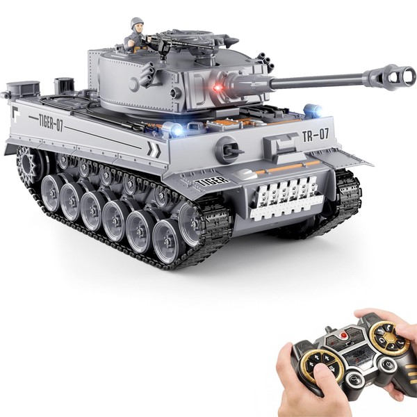Supdex 1:18 RC Tank, 2.4Ghz WW2 German Tiger Remote Control Tank Model Toys, 15 Channel Battle Military Tank with Smoke Effect, Light & Sound, Army Toy for Adult and Kid That Shoots BBS, Water Bombs