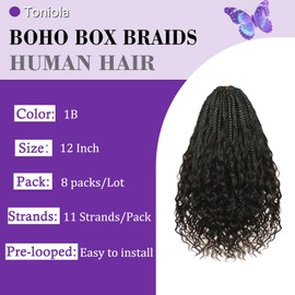 Toniola Boho Crochet Braids with Human Hair Curls 12 Inch 8 Packs Synthetic Boho Box Braid Pre looped Goddess Box Braids Crochet Hair for Women with Human Curly Ends(1B,88Strands)