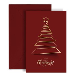 Christmas Greeting Cards with Gold Foiling Xmas Tree | Pack of 20 cards - Dark Red Self Paper with Red Envelope | 6.75 x 4.5 Inch Merry Christmas Cards with Seal Stickers For Friends , Family and loved Ones ( 1 PACK )