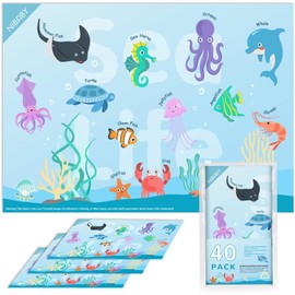 NiBaby Disposable Stick-On Placemats for Baby & Kids 40-Pack, Restaurant Table Mats, Self-Adhesive Place Mats Learning Alphabet Ocean Animal, Toddler Educational Placemats for Dining, 12 x 17.5 Inch