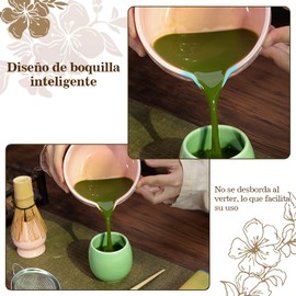 7 Piezas Matcha Kit, Juego de Batidor de Matcha de Cerámica, Incluye Cuenco para Matcha con Pico,Batidor y Cuchara de Bambú, Tamiz Matcha y Soporte, Reposacucharas, Colador y Paño de Cocina