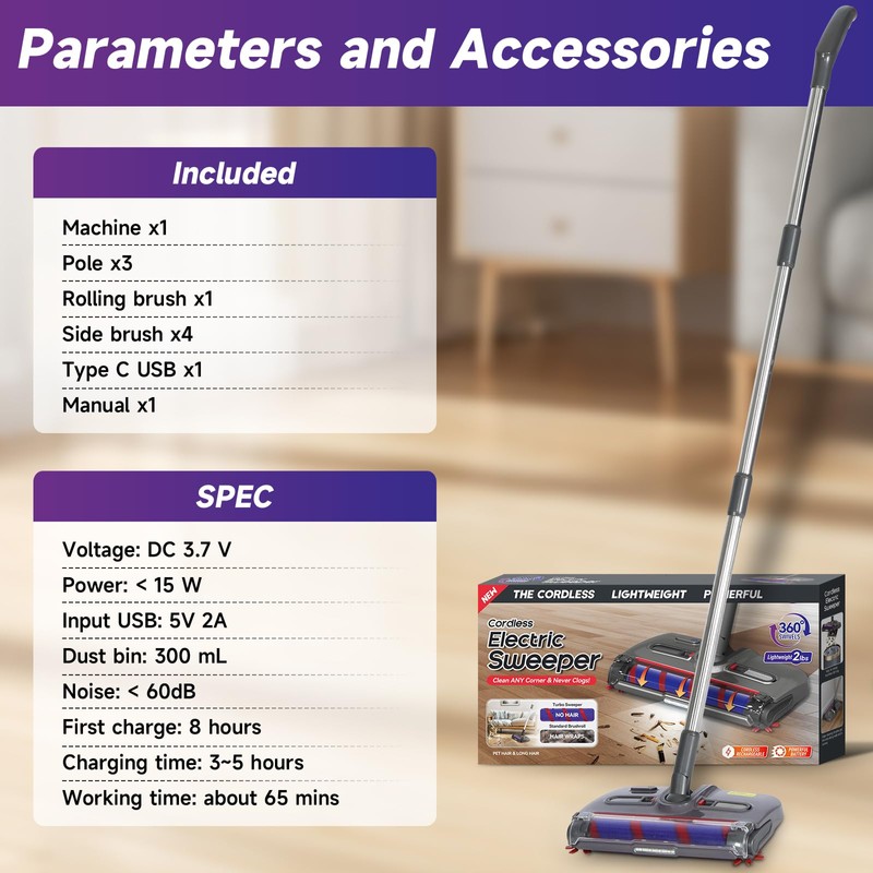 WarmWink Swivel Cordless Sweeper,Floor Cordless Sweeper, Cordless Electric Sweeper Rechargeable