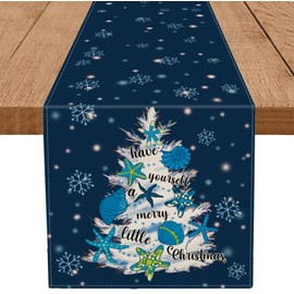 Coastal Christmas Decorations Table Runner Christmas Tree Snow Starfish Shell Ocean Beach Themed Winter Xmas Kitchen Dining Home Decor 13x48 Inch