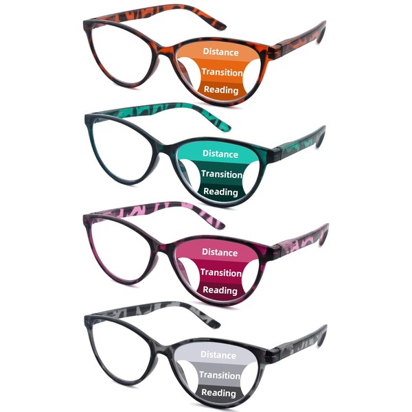 4-Pack Cat Eye Progressive Multifocal Reading Glasses for Women- Blue