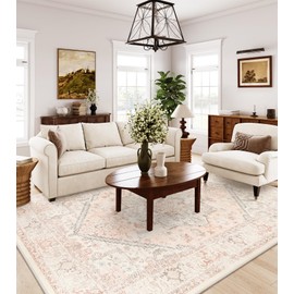 LIVEBOX Washable 9x12 Area Rug, Large Rugs for Living Room Boho Soft Non-Slip Rugs, Pink Low-Pile Vintage Medallion Rug, Retro Non-Shedding Indoor Carpet for Dining Room Bedroom Office