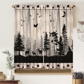 Vintage Rustic Deer Curtains, Forest Wildlife Wolf Silhouette On Old Farmhouse Lodge Wooden Board, Blackout Rod Pocket Window Drapes for Living Room Bedroom Bathroom (21x45in) x2 Panels