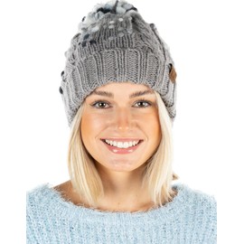 Funky Junque Women's Chunky Knit Beanie for Women Warm Pom Pom Hat Soft Acrylic Yarn One Size, Heather Grey