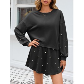 Fisoew Womens Lounge Sets 2 Piece Outfits Decor Pearl Long Sleeve Sweatshirt Skort Skirt Tracksuits Shorts Sets