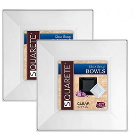 Squarete 12 ounce Square Clear Soup Bowlsl Heavy Duty Elegant Disposable 12 oz Square Party Soup Bowls 10 Bowls Per Package Pack of2
