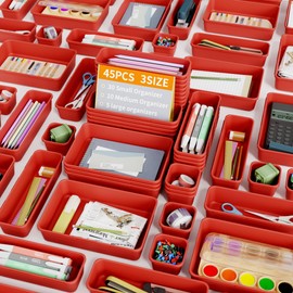 45 Pack Desk Drawer Organizer Tray, 3 Sizes Plastic Drawers Organizer Storage for Kitchen, Bathroom, Office, Vanity, Makeup, Utensils, Junk Drawer Organizer Bins, Gadget Trays for Organizing, Red