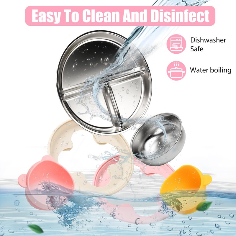 MISSLILI Stainless Steel Kids Plates and Bowls with Suction, Divided