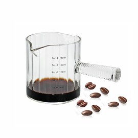 Steviieden Glass Espresso Cup 6 OZ, Double Shots Measuring Cup with Glass Handle for Dishwasher Safe, Double V-Shaped Spout Milk Frothing Pitcher, Espresso Accessories for Machine, Demitasse Cups