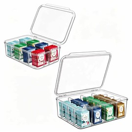 Aserelix Tea Bag Organizer, 2 Pcs Clear Tea Organizers, Acrylic Storage Box with Lids, Stackable Partition Holder for Drawers, Countertops, Fridge, Kitchen (16 Compartments + 8 Compartments)