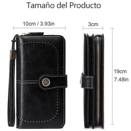 Cartera de Cuero Grande para Mujer Correa para la Muñeca Clip para Teléfono Celular Embrague con Cremallera (Negro)