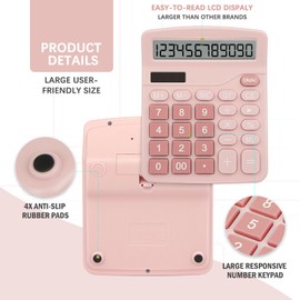 Desk Calculator,Cute Caculator with Dual Power Source,Basic Calculators Desktop with 12 Digit Large LCD Display Big Buttons Simple Financial Calculator for Office Home School(Pink)