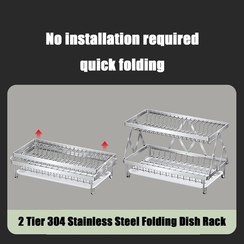 2-Tier 304 Stainless Steel Dish Rack, Foldable Over Sink with