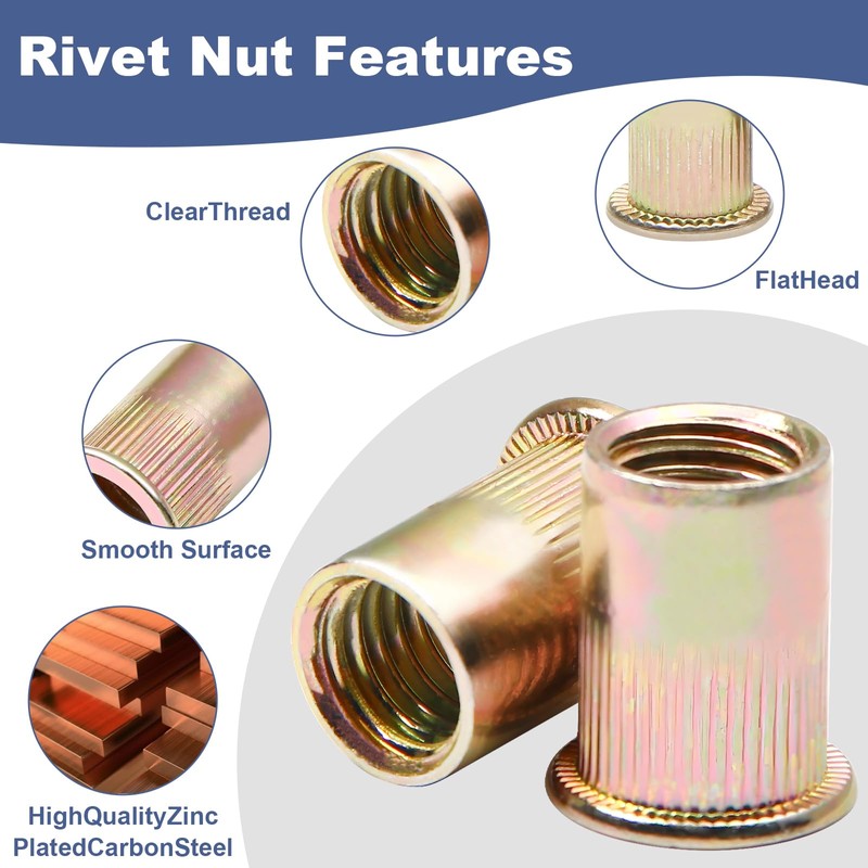 Rivet Nuts,100Pcs 1/4-20 SAE Rivet Nuts,Zinc Plated Carbon Steel Rivet